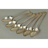 SIX HANOVERIAN PATTERN TABLE SPOONS, three by William Eley, two by Hester Bateman and another,