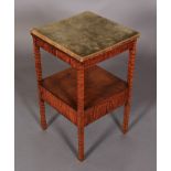A REGENCY TIGER MAPLE VENEERED TWO TIER WASH STAND with replaced velvet covered top and replaced