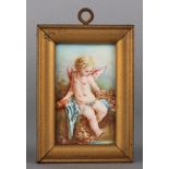 A SMALL CONTINENTAL PORCELAIN RECTANGULAR PLAQUE, painted with a seated winged amorini, 6.5cm x 4cm,
