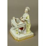 A Meissen figure of a young woman playing a harpsicord, allegorical of sound, gilt detail to the