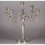 A GEORGE III STYLE NEO-CLASSIC FOUR BRANCH FIVE LIGHT CANDELABRUM, navette shaped tapered column and