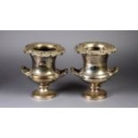 A PAIR OF EARLY VICTORIAN SHEFFIELD PLATE WINE COOLERS, of campagna urn form, having detachable