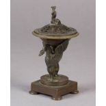 A SMALL 19TH CENTURY BRONZE BRAZIER of shallow urn form on a pedestal base, the single swan mount