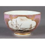A MEISSEN LILAC GROUND TEA BOWL, finely painted in black with ships at anchor, a town beyond, the