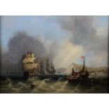 FREDERICK CALVERT (c.1785-c.1845) Warships at anchor off the coast and other shipping in a light
