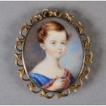 A 19TH CENTURY HEAD AND SHOULDER OVAL PORTRAIT MINIATURE of a young child with blue dress and tartan