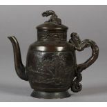 A SMALL CHINESE BRONZE WINE POT, 18TH CENTURY, the domed cover with mythical creature finial, the