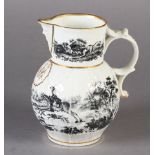 A WORCESTER WALL PERIOD CABBAGE LEAF MOULDED MASK JUG transfer printed overall with an extensive