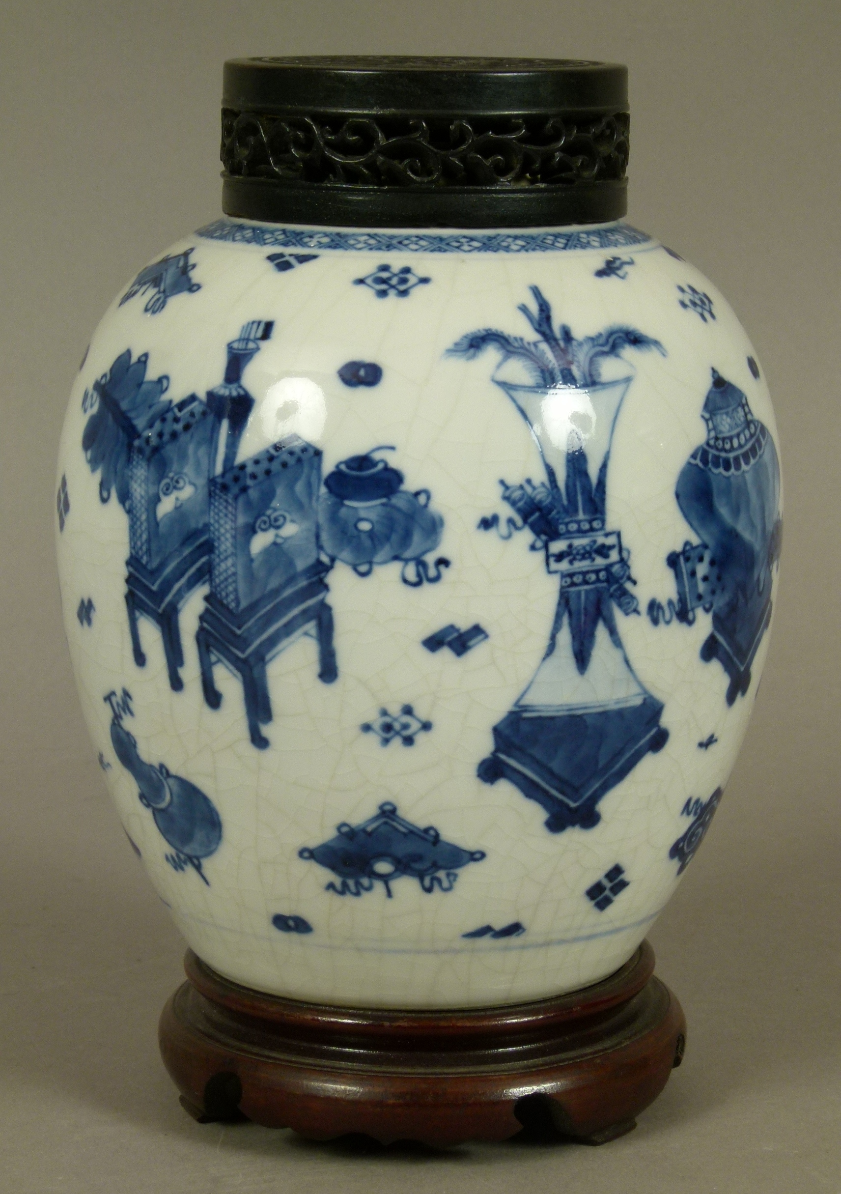 CHINESE BLUE AND WHITE BALUSTER JAR, the crackle glazed body painted in underglaze blue with
