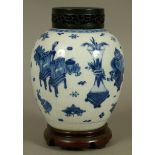 CHINESE BLUE AND WHITE BALUSTER JAR, the crackle glazed body painted in underglaze blue with