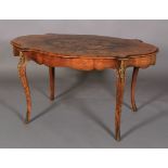 A VICTORIAN FIGURED WALNUT OVAL CENTRE TABLE, quarter-veneered and inlaid in coloured and stained