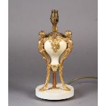 A LATE 19TH CENTURY ORMOLU MOUNTED WHITE MARBLE LAMP BASE with inverted pear shaped body, mounted