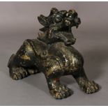 A CHINESE BRONZED PATINATED METAL DOG OF FO, 70cm long x 49cm high