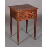A LATE 18TH CENTURY MAHOGANY WORK TABLE, cross banded and inlaid with boxwood stringing, having