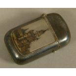 A RUSSIAN SILVER NIELLO VESTA CASE of rounded rectangular form, the front decorated with a church,