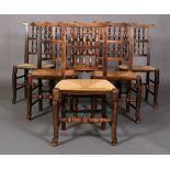 A SET OF SIX 19TH CENTURY ELM AND FRUITWOOD SPINDLE BACK DINING CHAIRS, having two rows of five