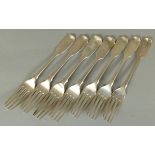 SEVEN VARIOUS FIDDLE PATTERN TABLE FORKS engraved with initials, five by William Eley and William