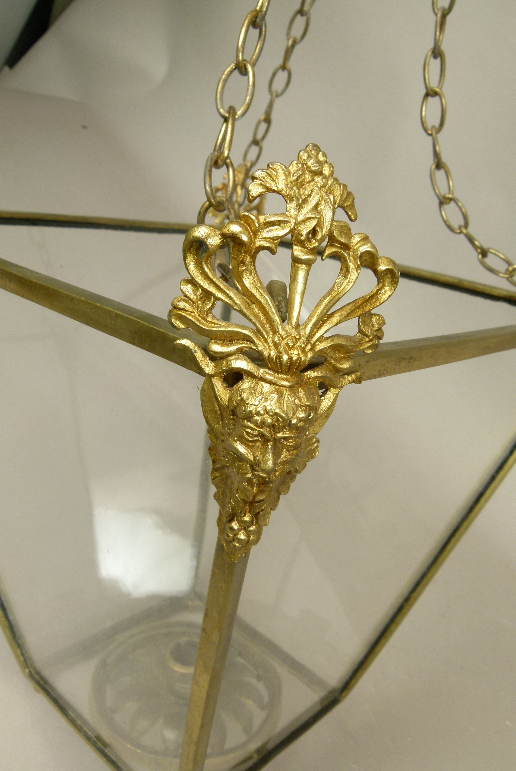 A 19TH CENTURY BRASS FRAMED HALL LANTERN of tapered square form, each corner clasped with a - Image 4 of 6