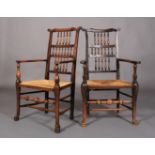 TWO SIMILAR 19TH CENTURY ELM AND FRUITWOOD SPINDLE BACK CARVERS, each having three rows of spindles,