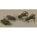 FOUR JAPANESE BRONZE INSECTS, Meiji period including two crickets and two cicadas, 5cm wide and