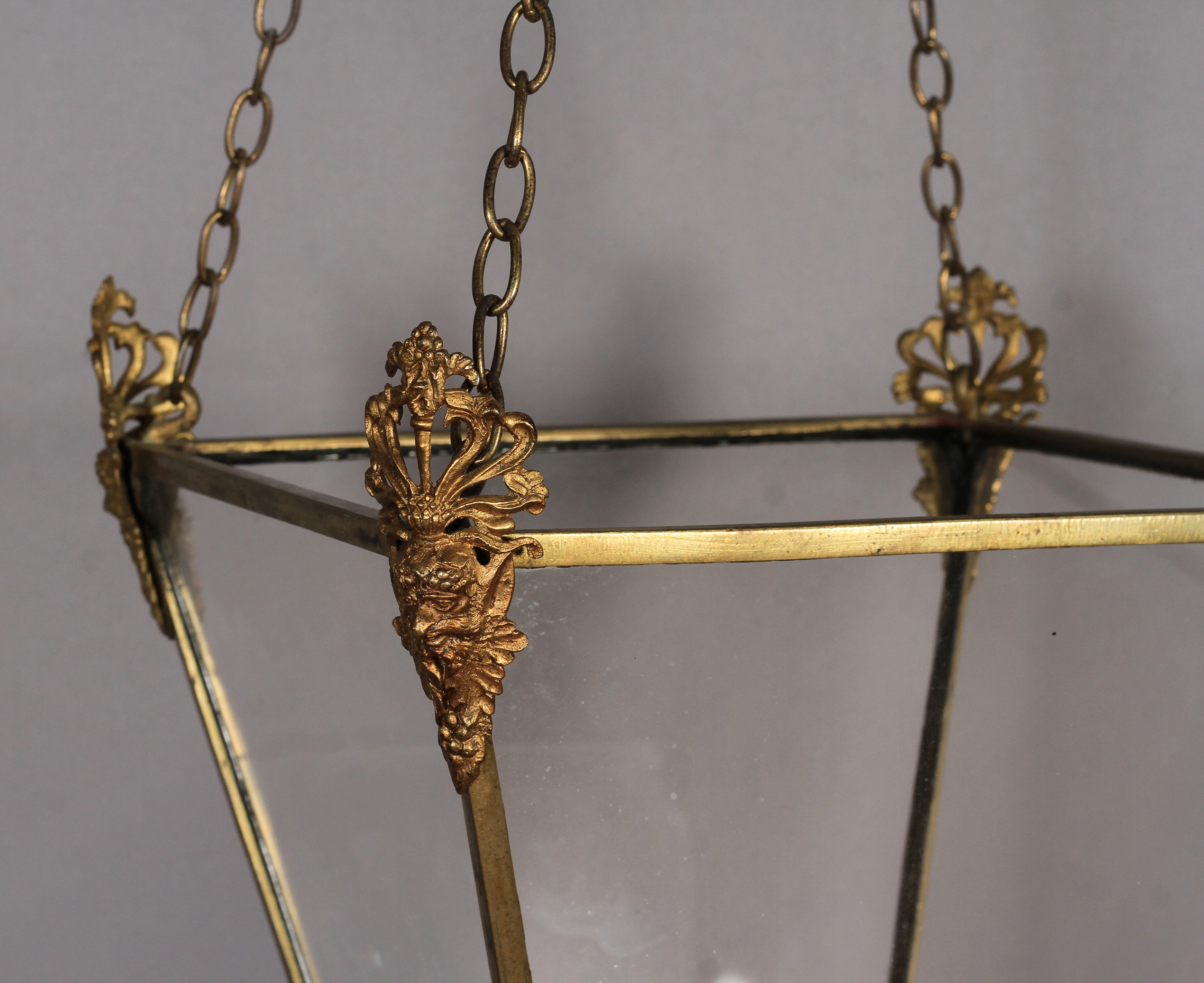 A 19TH CENTURY BRASS FRAMED HALL LANTERN of tapered square form, each corner clasped with a - Image 2 of 6
