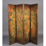 A LEATHER FOUR FOLD SCREEN, each panel painted with birds and flowering branches, shaded gilt