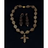 A MID 19TH CENTURY SUITE OF PENDANT EARRINGS AND NECKLACE HUNG WITH A CROSS of woven hair beads