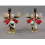A PAIR OF MURANO GLASS FIGURAL TWIN SCONCE CANDLESTICKS, each female figure in black, red, white