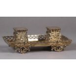 A MID-VICTORIAN SILVER DESK STANDISH London 1866 by George Fox, of rectangular form with pierced