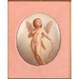 A CONTINENTAL OVAL PORCELAIN PLAQUE, depicting Cupid, holding arrow in his right hand, bow in his