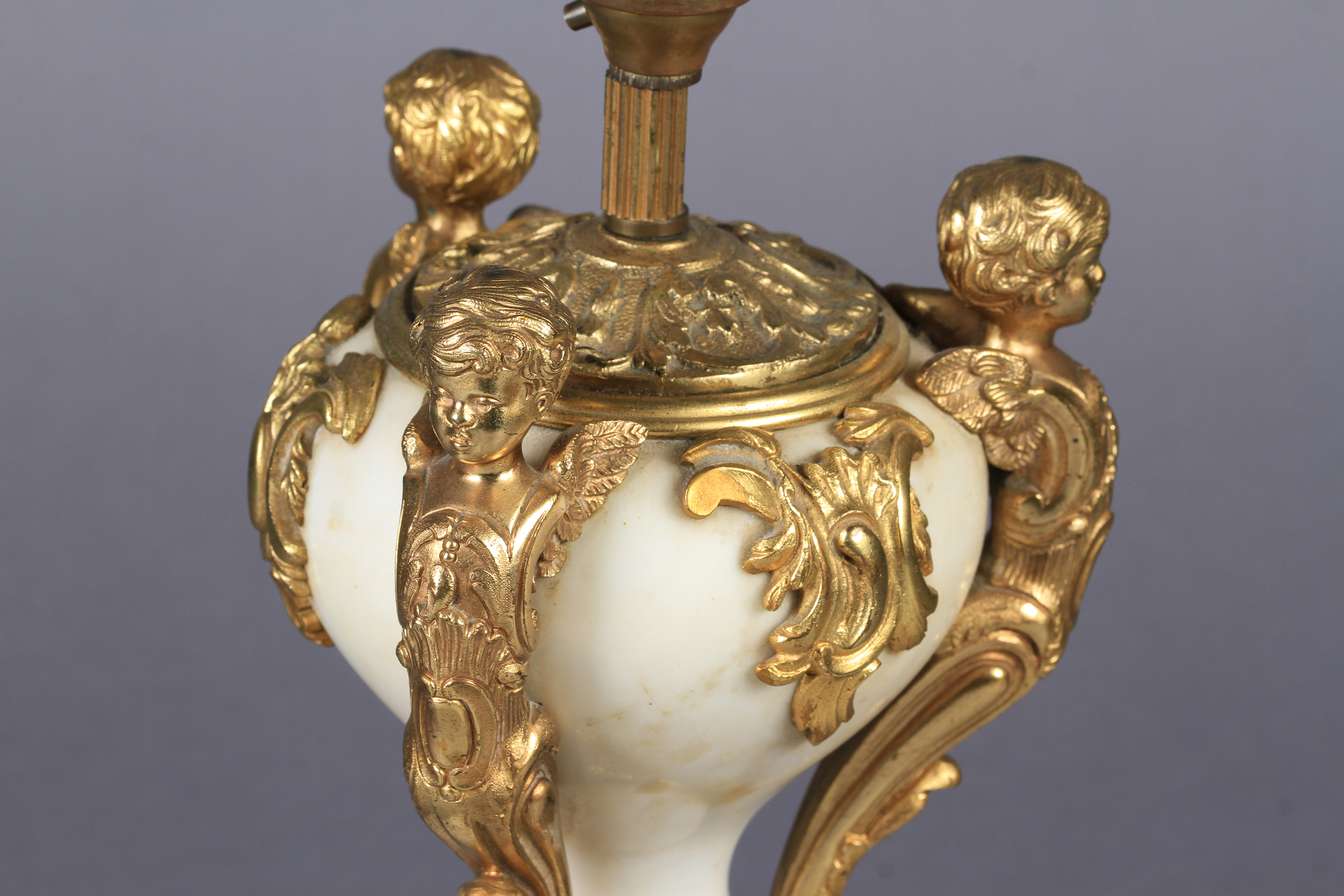 A LATE 19TH CENTURY ORMOLU MOUNTED WHITE MARBLE LAMP BASE with inverted pear shaped body, mounted - Image 2 of 3