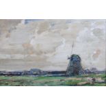 KERSHAW SCHOFIELD (1872-1941) Silvery Morn, landscape with windmill under low skies, oil on board,