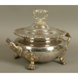 A PLATED ON COPPER SOUP TUREEN AND SEMI-DOMED COVER with leaf-capped handle, and pair of handles,