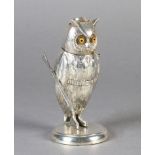 AN INTERESTING CONTINENTAL SILVER COLOURED METAL VESTA modelled as a standing owl wearing a small