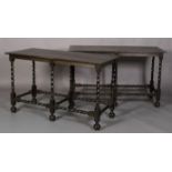 A PAIR OF 17TH STYLE EBONISED OAK SIDE OR SERVING TABLES, rectangular, plain frieze, on barley twist