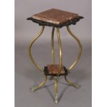 A VICTORIAN BRASS AND CAST IRON TWO TIER ETAGERE, the top inset with a rosso marble square panel
