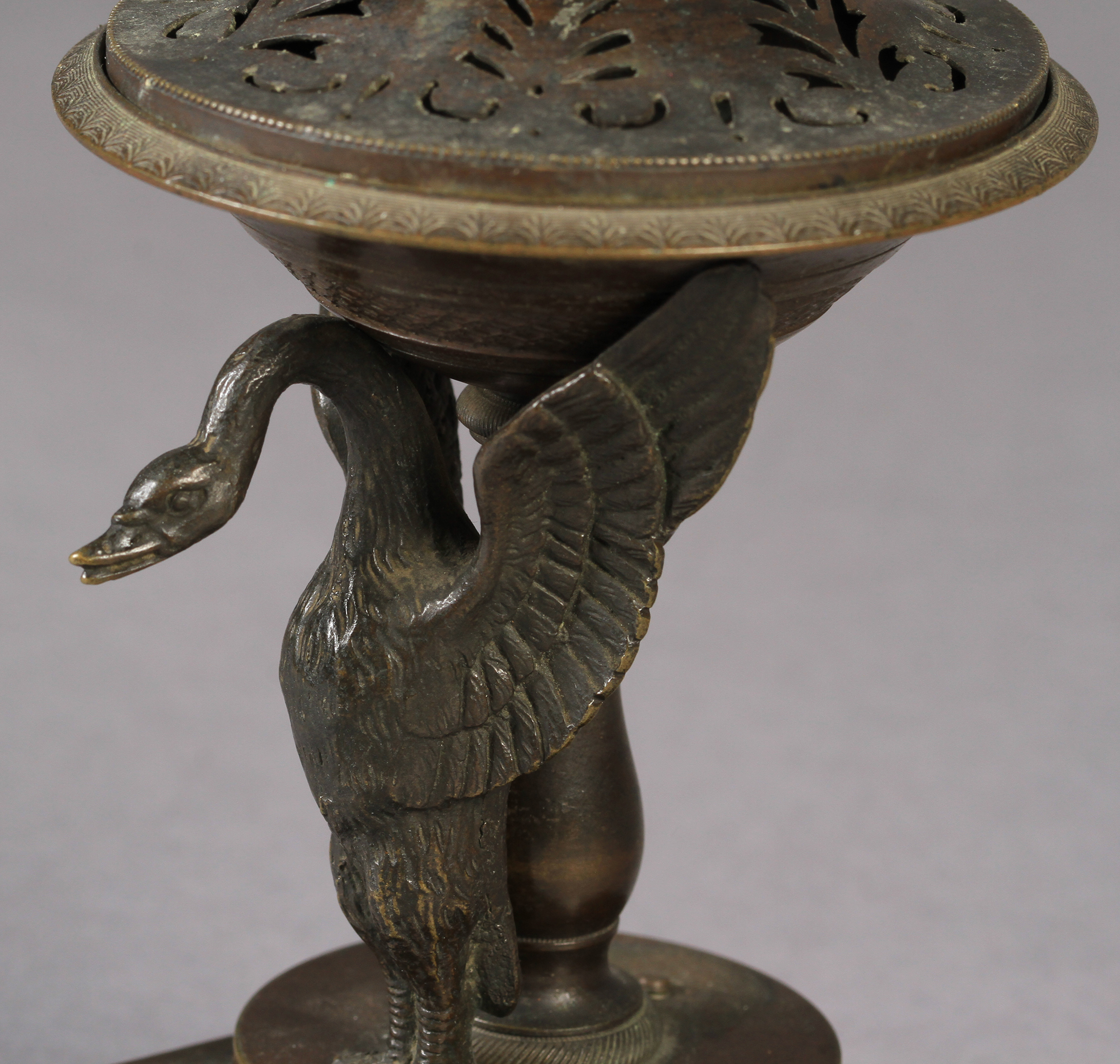 A small 19th century bronze brazier of shallow urn form on a pedestal base, the single swan mount - Image 2 of 3