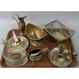 A quantity of silver plated ware including, basket, two chambersticks, cream jug, salt etc
