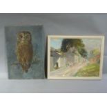 David Allen - owl, oil on artist board, signed and dated 1977, 48cm x 33cm; OC Barlow - Village