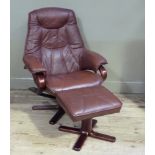 A laminate framed reclining chair and stool upholstered in brown leather on 'star' bases