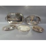 Two silver plated entreé dishes and covers, two silver plated trays, etc