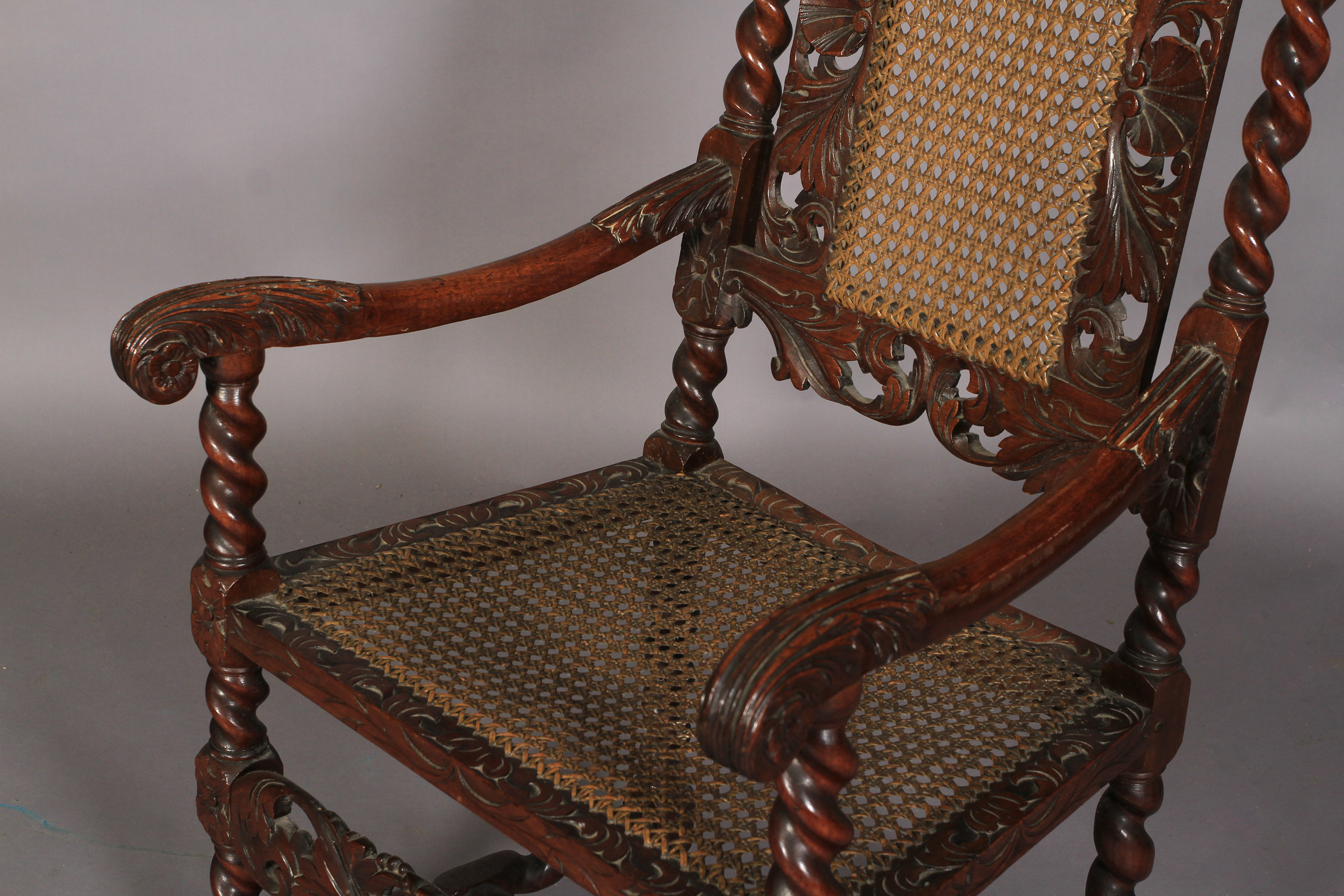 A Charles II style walnut armchair 19th century, having a pierced cresting carved with pair of birds - Image 3 of 4