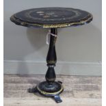 A Victorian black papier mache oval occasional table, the tilting top painted to the centre with a