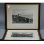 After Archibald Thorburn, engraving Going Down Wind grouse over fields, black and white, oak