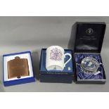 A Royal Worcester commemorative mug, a Haig Club copper hip flask, together with a Wedgwood glass
