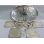 A quantity of silver plated ware including, gallery tray, place mats, pair of cauldron shaped