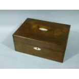 A Victorian rosewood box inlaid mother of pearl cartouche and escutcheon, the interior lacking