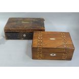 A Victorian leather covered jewellery box with inset brass handle; together with a Victorian