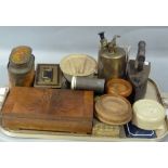 A flat iron, Art Deco style figured walnut box, jelly moulds, enamelled numeral plaque, strong box