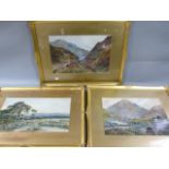 B Halliwell mountain track with figures, mountain landscape with bridge, and a moorland scene with